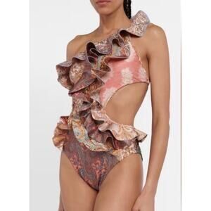 Zimmermann Devi Ruffled One-shoulder Swimsuit Paisley Print Size 2 EUC